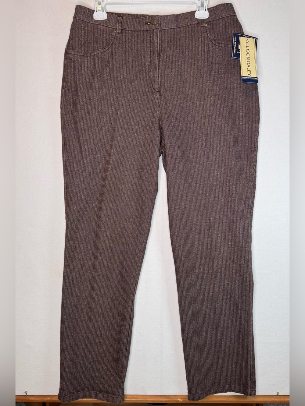 Allison Daley tummy slim fit brown denim straight leg pants in size 14 stretch